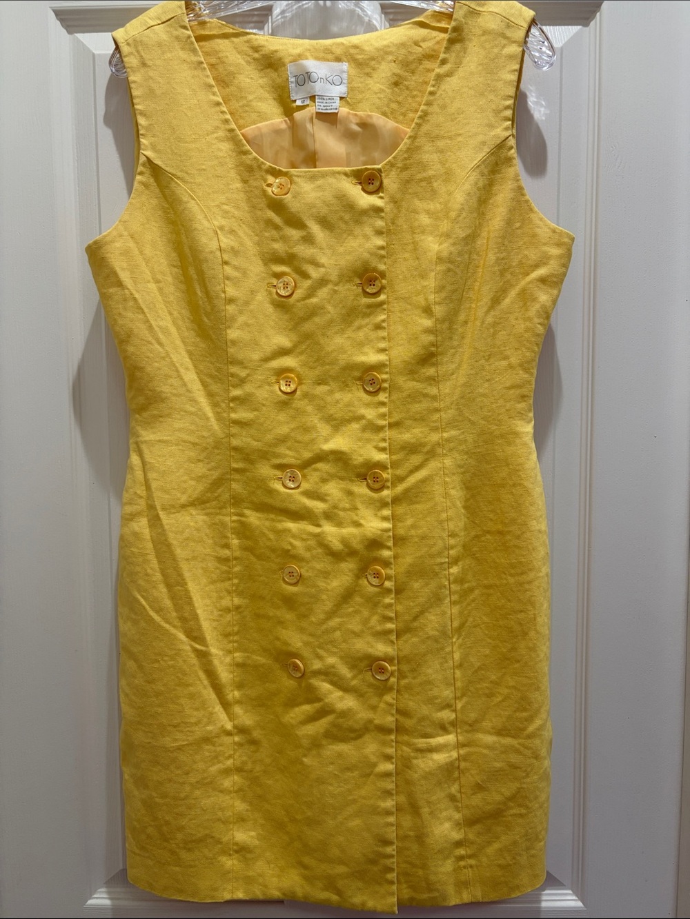 Women's Vintage Linen Sleeveless Double-Breasted Mini Dress in Pale Yellow